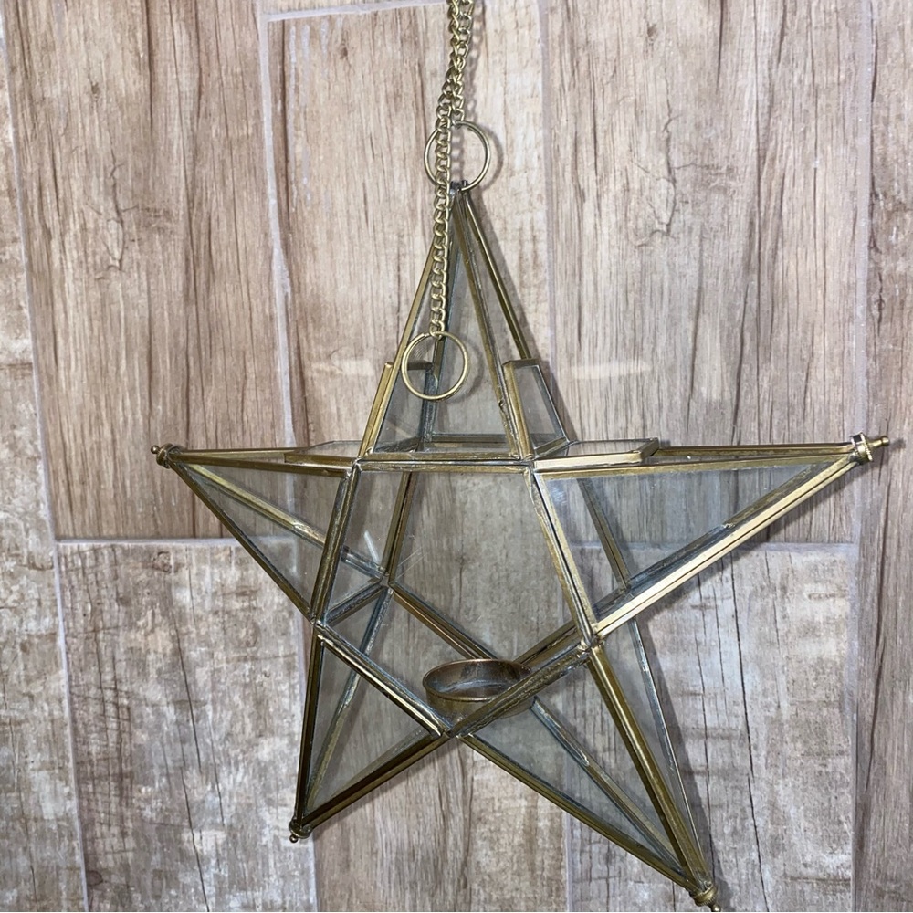 ✨SOLD.      🌿Home Decor Boutique Star Pendant Metal and Glass Lantern
